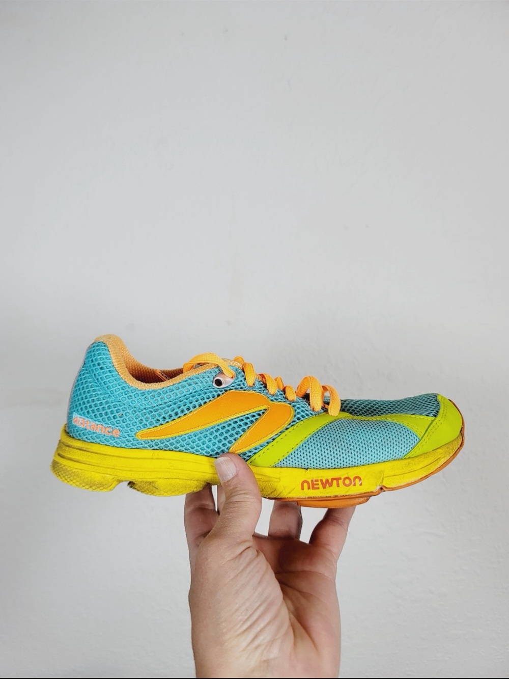 Newton Aqua & Yellow Mesh Distance Running Sneaker, Size 7.5